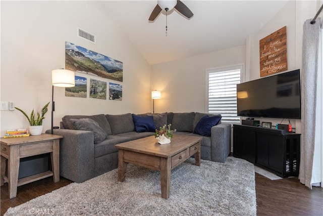 28956 Canyon Lake Dr Unit 43, Lake Forest, CA 92679 - living area featuring lofted ceiling, wood finished floors, and ceiling fan