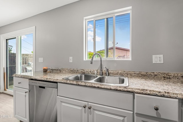 124 N Driskill St, Oxnard, CA 93030 - kitchen featuring stainless steel dishwasher, a sink, white cabinetry, and light countertops