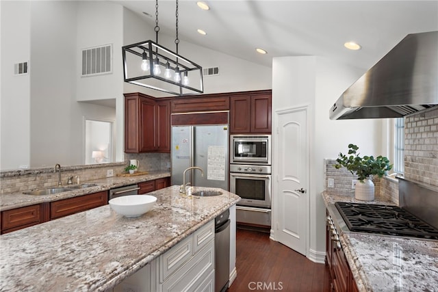 5571 Mountain View Ave, Yorba Linda, CA 92886 - kitchen featuring a sink, appliances with stainless steel finishes, wall chimney exhaust hood, backsplash, and recessed lighting