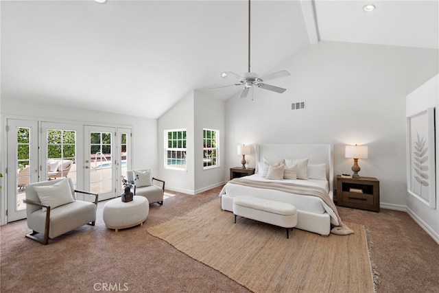 5571 Mountain View Ave, Yorba Linda, CA 92886 - bedroom featuring carpet flooring, access to exterior, high vaulted ceiling, beam ceiling, and baseboards