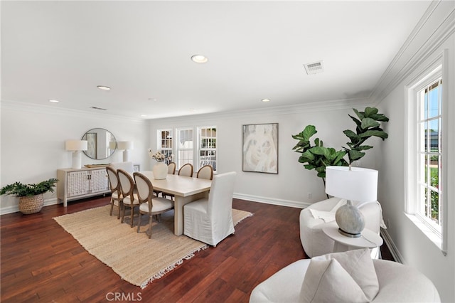 5571 Mountain View Ave, Yorba Linda, CA 92886 - dining area featuring dark wood finished floors, baseboards, recessed lighting, and ornamental molding