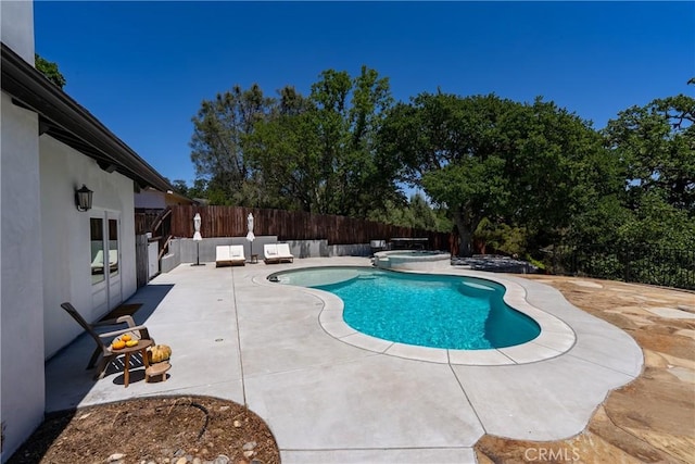 9900 Carmelita Ave, Atascadero, CA 93422 - view of swimming pool with a fenced backyard, a patio, and a pool with connected hot tub