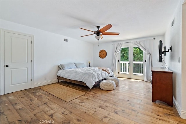 9900 Carmelita Ave, Atascadero, CA 93422 - bedroom featuring access to outside, light wood-style flooring, a ceiling fan, and baseboards