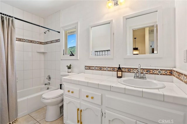 9900 Carmelita Ave, Atascadero, CA 93422 - bathroom featuring vanity, toilet, shower / bathtub combination with curtain, and tile patterned floors