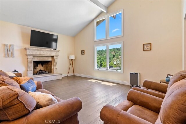 9900 Carmelita Ave, Atascadero, CA 93422 - living area with beam ceiling, hardwood / wood-style floors, high vaulted ceiling, baseboards, and a premium fireplace