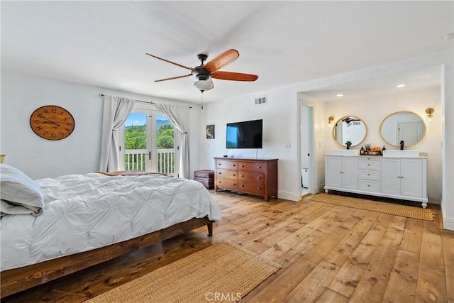 9900 Carmelita Ave, Atascadero, CA 93422 - bedroom featuring access to outside, a sink, light wood-style floors, recessed lighting, and a ceiling fan