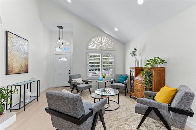 3094 Windemere Ct, Chino Hills, CA 91709 - living area with recessed lighting, high vaulted ceiling, light wood-style flooring, and baseboards