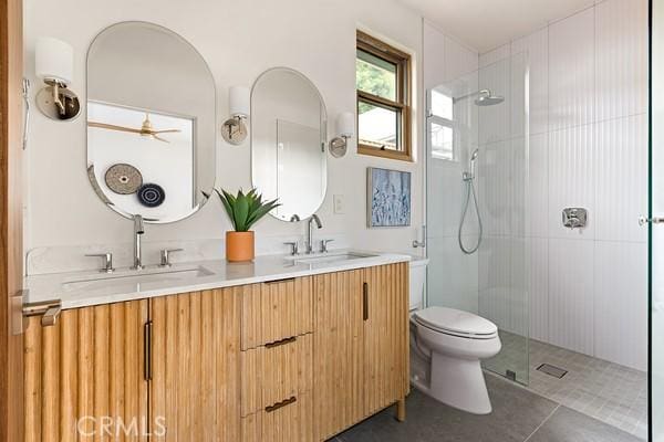 4958 Highland View Ave, Los Angeles, CA 90041 - full bath with walk in shower, double vanity, toilet, and tile patterned flooring