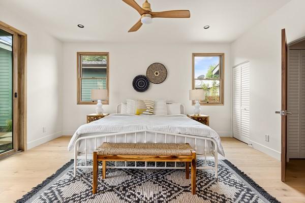 4958 Highland View Ave, Los Angeles, CA 90041 - bedroom with light wood finished floors, baseboards, recessed lighting, and ceiling fan