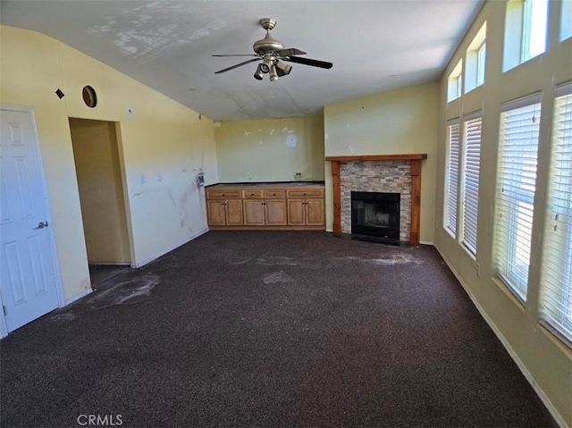 36255 Grapevine Canyon Rd, Ranchita, CA 92066 - unfurnished living room with healthy amount of natural light, lofted ceiling, dark colored carpet, and a ceiling fan