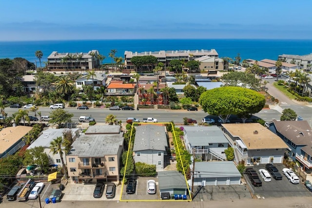 102733 3rd St, Encinitas, CA 92024 - aerial perspective of suburban area with property parcel outlined and a large body of water