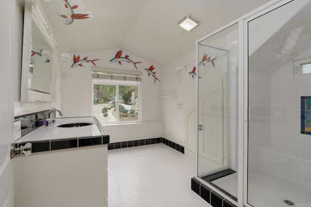 398 Aliso St, Ventura, CA 93001 - full bathroom with lofted ceiling, a stall shower, healthy amount of natural light, and vanity