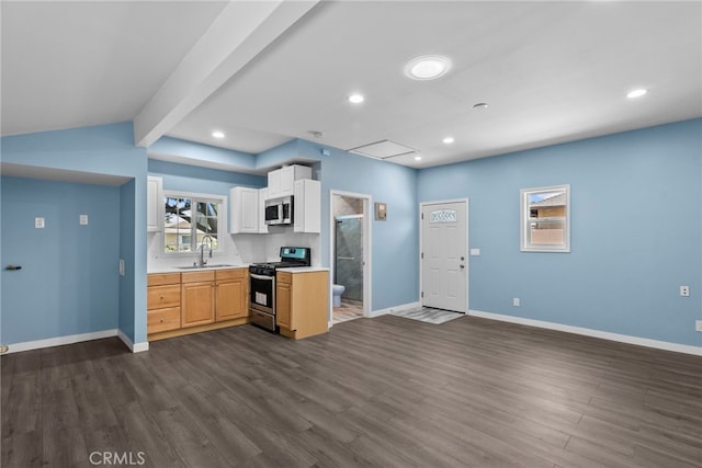 15711 Hiawatha St, Granada Hills, CA 91344 - kitchen with stainless steel appliances, a sink, baseboards, dark wood-style flooring, and recessed lighting