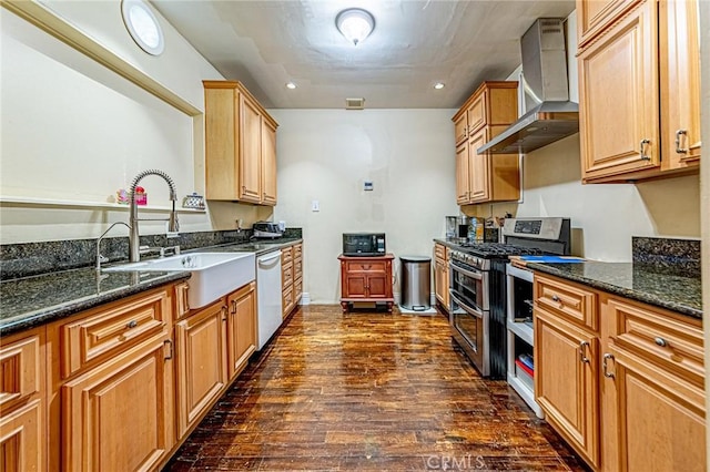 1151 Arapahoe St, Los Angeles, CA 90006 - kitchen featuring wall chimney range hood, double oven range, a sink, dishwasher, and dark wood-style flooring