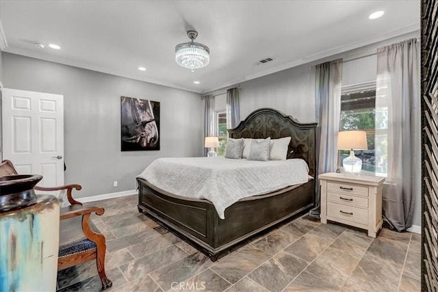17276 Iona Ave, Lemoore, CA 93245 - bedroom featuring baseboards, ornamental molding, recessed lighting, and a chandelier