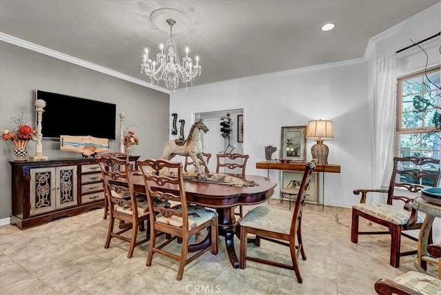 17276 Iona Ave, Lemoore, CA 93245 - dining area with crown molding, a chandelier, and baseboards