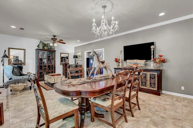 17276 Iona Ave, Lemoore, CA 93245 - dining space featuring ornamental molding, a ceiling fan, a chandelier, baseboards, and recessed lighting