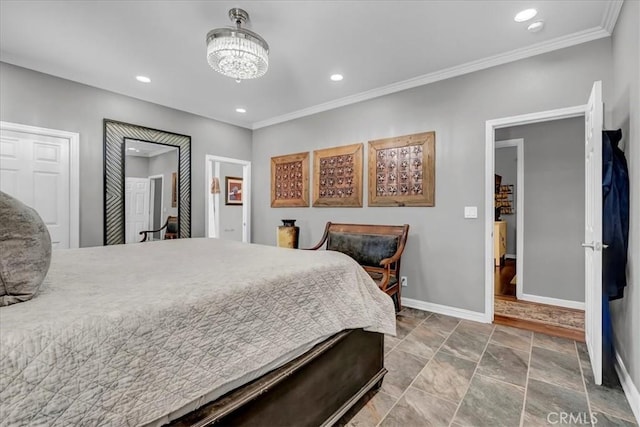 17276 Iona Ave, Lemoore, CA 93245 - bedroom with baseboards, recessed lighting, ornamental molding, and a chandelier