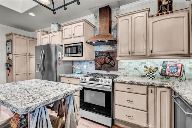 17276 Iona Ave, Lemoore, CA 93245 - kitchen featuring stainless steel appliances, wall chimney range hood, crown molding, tasteful backsplash, and light stone counters