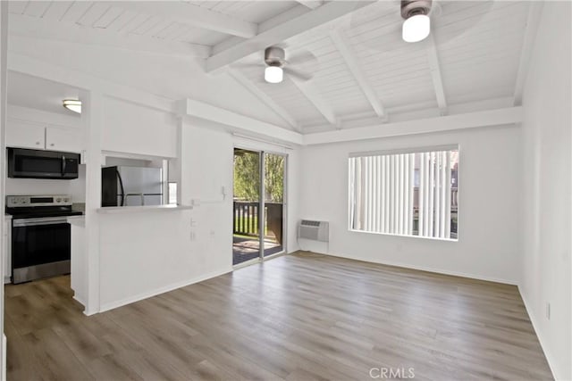 1345 Cabrillo Park Dr Unit J08, Santa Ana, CA 92701 - unfurnished living room with a ceiling fan, light wood-type flooring, baseboards, and an AC wall unit