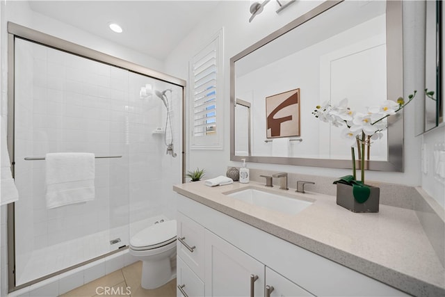 1844 Aliso Canyon Dr, Lake Forest, CA 92610 - full bathroom with toilet, vanity, a shower stall, recessed lighting, and tile patterned flooring