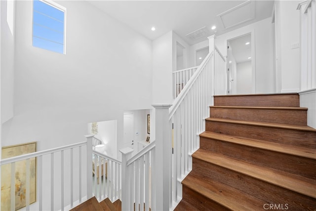 1844 Aliso Canyon Dr, Lake Forest, CA 92610 - staircase featuring wood finished floors, attic access, and recessed lighting
