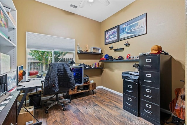 1457 Quiet Ct, Merced, CA 95340 - office area featuring wood finished floors, ceiling fan, and baseboards