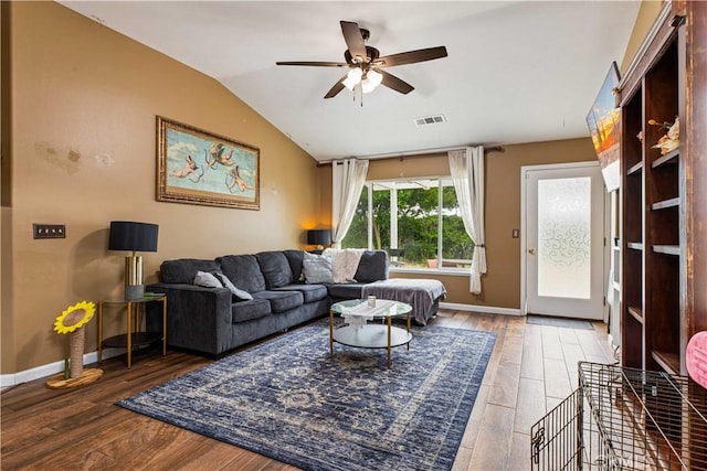 1457 Quiet Ct, Merced, CA 95340 - living room with baseboards, lofted ceiling, ceiling fan, and wood finished floors