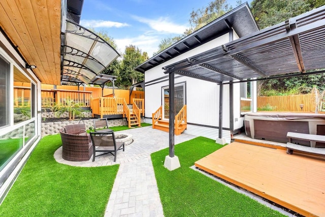 4848 54th St, San Diego, CA 92115 - view of patio / terrace featuring a hot tub, a deck, and a pergola