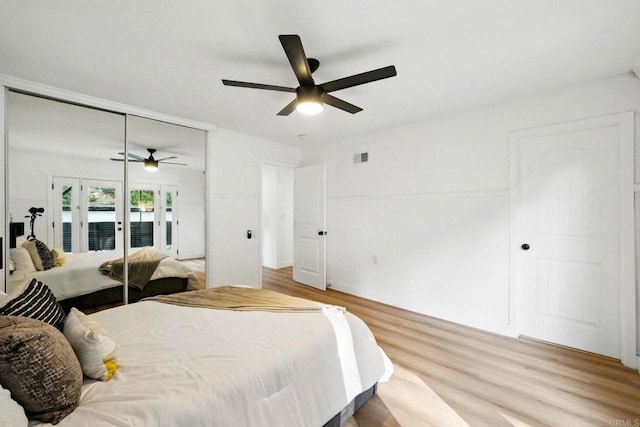 4848 54th St, San Diego, CA 92115 - bedroom with light wood-style floors, a ceiling fan, and access to outside