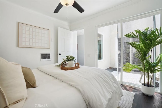 2383 Via Mariposa W Unit C, Laguna Woods, CA 92637 - bedroom with access to exterior, crown molding, wood finished floors, and a ceiling fan