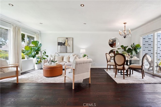 2383 Via Mariposa W Unit C, Laguna Woods, CA 92637 - living area featuring crown molding, a chandelier, wood-type flooring, baseboards, and recessed lighting
