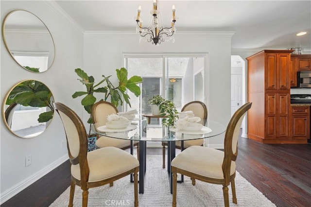2383 Via Mariposa W Unit C, Laguna Woods, CA 92637 - dining space featuring a chandelier, baseboards, dark wood-style flooring, ornamental molding, and recessed lighting