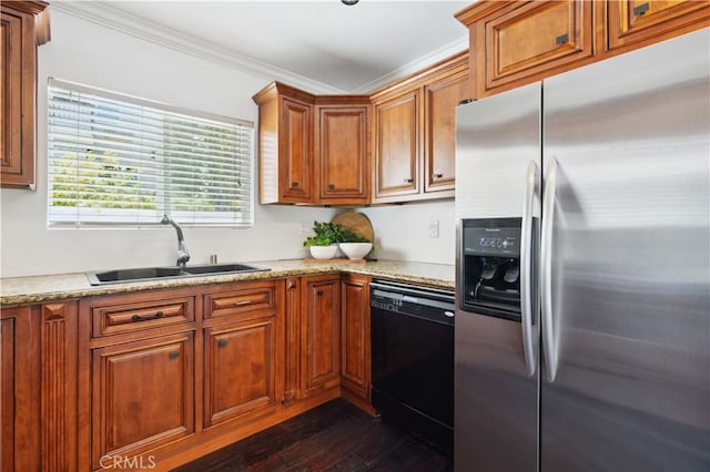 2383 Via Mariposa W Unit C, Laguna Woods, CA 92637 - kitchen featuring stainless steel fridge with ice dispenser, dishwasher, a sink, dark wood finished floors, and brown cabinets