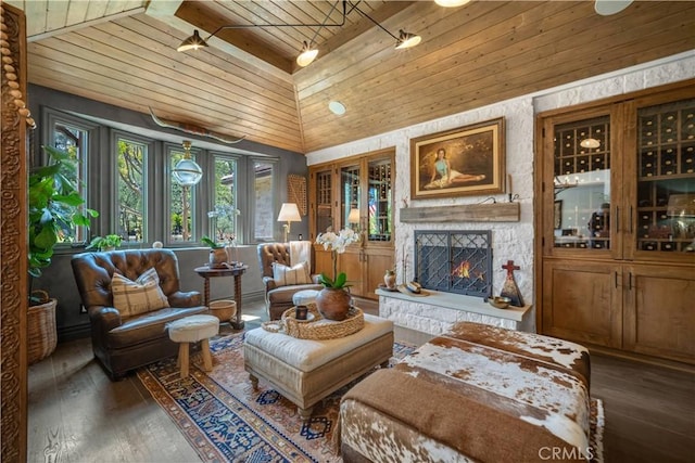 5558 Hoback Glen Rd, Hidden Hills, CA 91302 - living room featuring wooden ceiling, hardwood / wood-style floors, a fireplace, and high vaulted ceiling