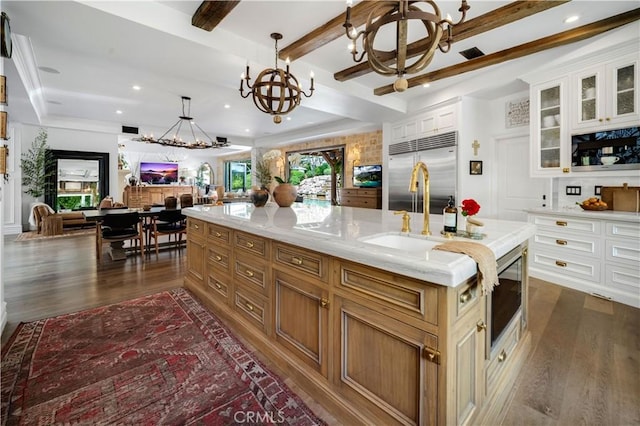 5558 Hoback Glen Rd, Hidden Hills, CA 91302 - kitchen featuring a chandelier, built in appliances, dark wood finished floors, open floor plan, and beamed ceiling