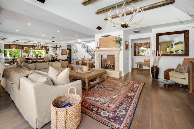 5558 Hoback Glen Rd, Hidden Hills, CA 91302 - living area with a chandelier, stairway, recessed lighting, a warm lit fireplace, and wood-type flooring