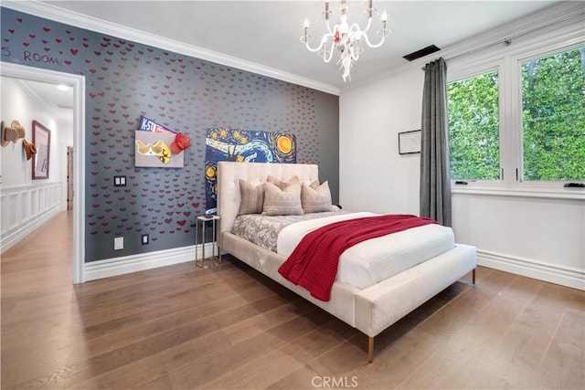 5558 Hoback Glen Rd, Hidden Hills, CA 91302 - bedroom with ornamental molding, baseboards, wood finished floors, a chandelier, and wallpapered walls