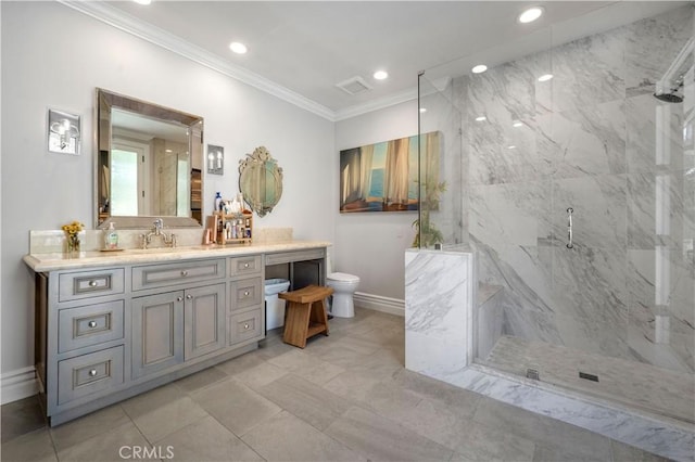 5558 Hoback Glen Rd, Hidden Hills, CA 91302 - full bath featuring ornamental molding, toilet, a marble finish shower, vanity, and recessed lighting