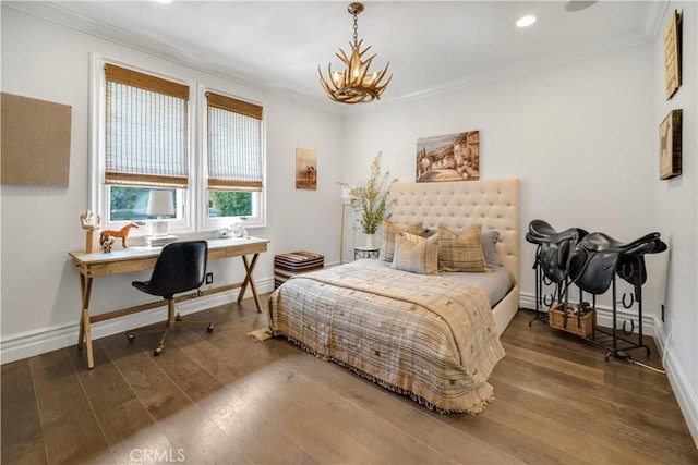 5558 Hoback Glen Rd, Hidden Hills, CA 91302 - bedroom with a chandelier, crown molding, wood finished floors, an office area, and recessed lighting