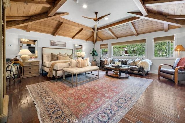 5558 Hoback Glen Rd, Hidden Hills, CA 91302 - living room featuring baseboards, dark wood finished floors, a ceiling fan, wooden ceiling, and recessed lighting