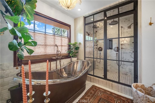 5558 Hoback Glen Rd, Hidden Hills, CA 91302 - bathroom featuring a soaking tub, tiled shower, recessed lighting, and a chandelier
