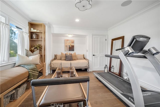 5558 Hoback Glen Rd, Hidden Hills, CA 91302 - exercise area with crown molding and light wood-style flooring