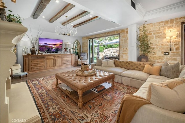 5558 Hoback Glen Rd, Hidden Hills, CA 91302 - living area with beamed ceiling, crown molding, wood finished floors, recessed lighting, and a chandelier