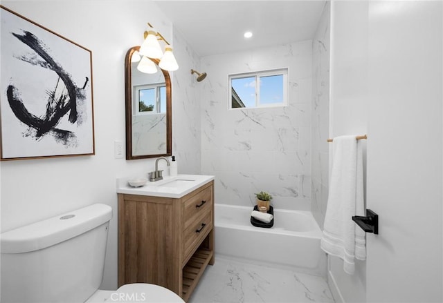 16243 Doublegrove St, La Puente, CA 91744 - full bathroom with marble look tile flooring, toilet, tub / shower combination, vanity, and recessed lighting