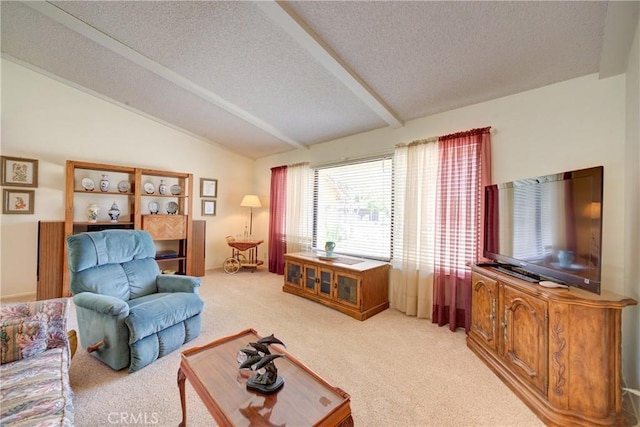 4185 Vanguard Dr, Lompoc, CA 93436 - living room featuring light colored carpet, a textured ceiling, and vaulted ceiling