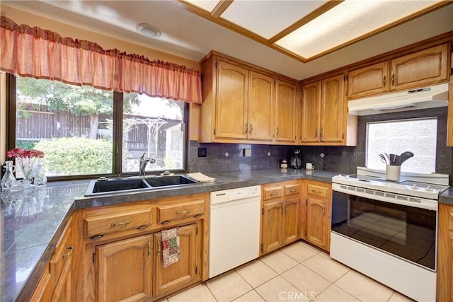 4185 Vanguard Dr, Lompoc, CA 93436 - kitchen with white appliances, under cabinet range hood, light tile patterned flooring, tasteful backsplash, and a sink