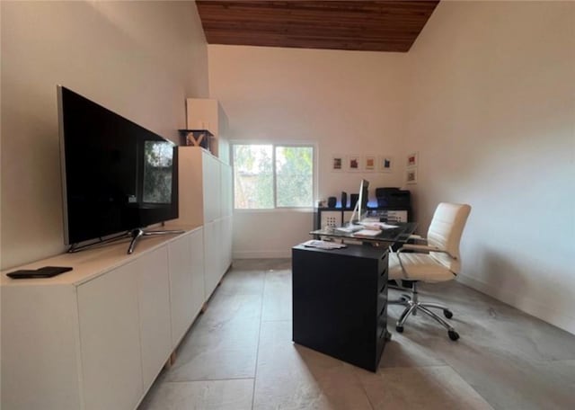 5460 White Oak Ave Unit A305, Encino, CA 91316 - office area featuring wooden ceiling, lofted ceiling, and baseboards