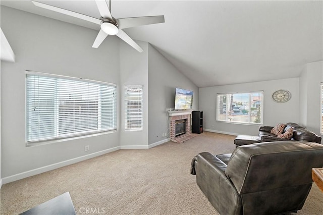 27175 Via Debra, Menifee, CA 92586 - living room with carpet floors, baseboards, a fireplace, vaulted ceiling, and a ceiling fan