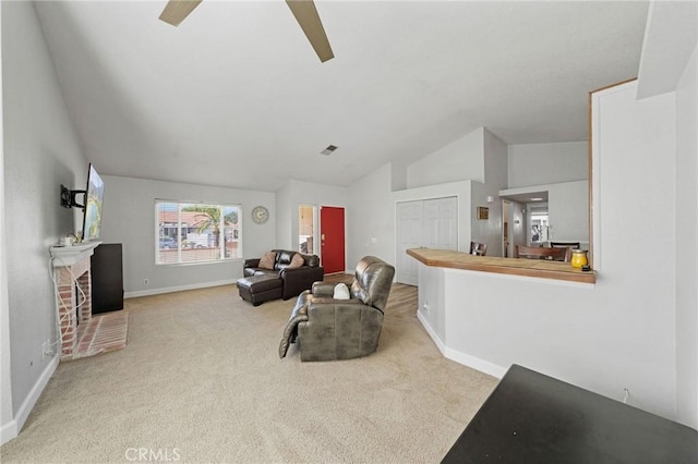 27175 Via Debra, Menifee, CA 92586 - living area featuring vaulted ceiling, baseboards, carpet floors, a fireplace, and a ceiling fan
